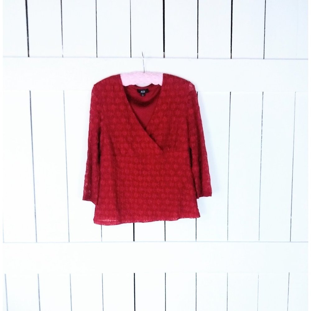 Vintage 90s red stretch lace vneck fitted top blouse/red sheer lace pullover